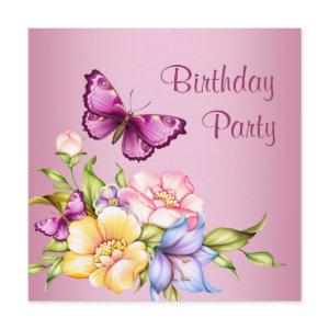 Pink Gold Flowers Butterfly Womans Birthday Party