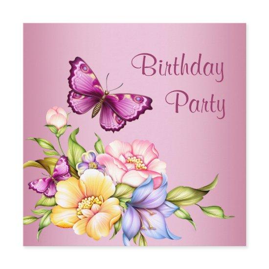 Pink Gold Flowers Butterfly Womans Birthday Party
