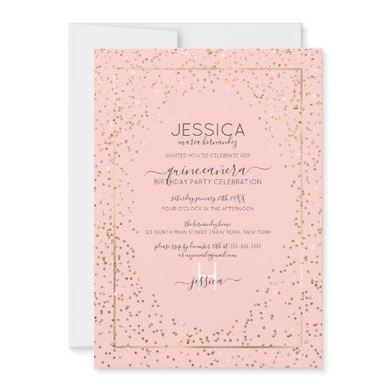 Pink Gold Glitter Confetti Border Quinceañera