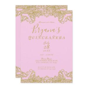 Pink & Gold Glitter Lace Elegant Quinceañera