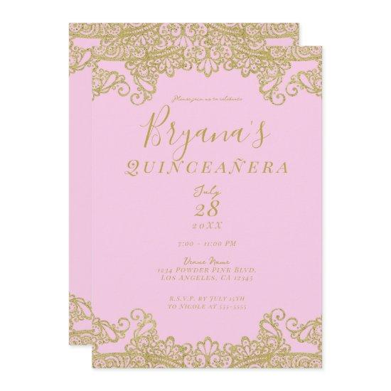Pink & Gold Glitter Lace Elegant Quinceañera