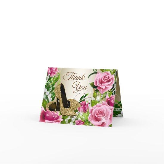 Pink Gold High Heel Shoe Roses Thank You Cards