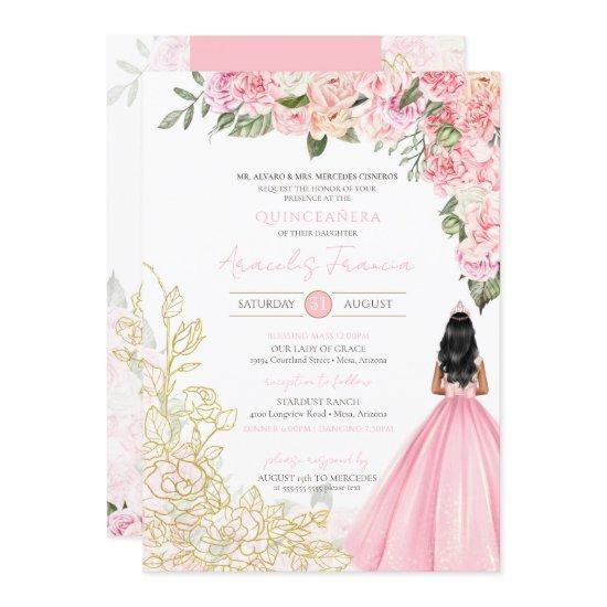 Pink & Gold Peonies Floral Quinceanera Birthday