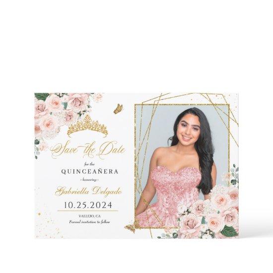 Pink & Gold Photo Card Quinceañera Save The Date