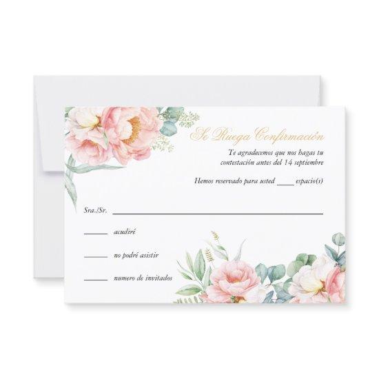Pink Gold Quinceañera RSVP Card in Spanish