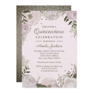 Pink Gold Sparkle Floral Quinceanera