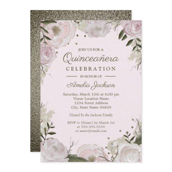 Pink Gold Sparkle Floral Quinceanera