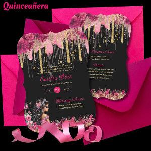 PINK Gold Sparkles Quinceanera Dress Floral Roses