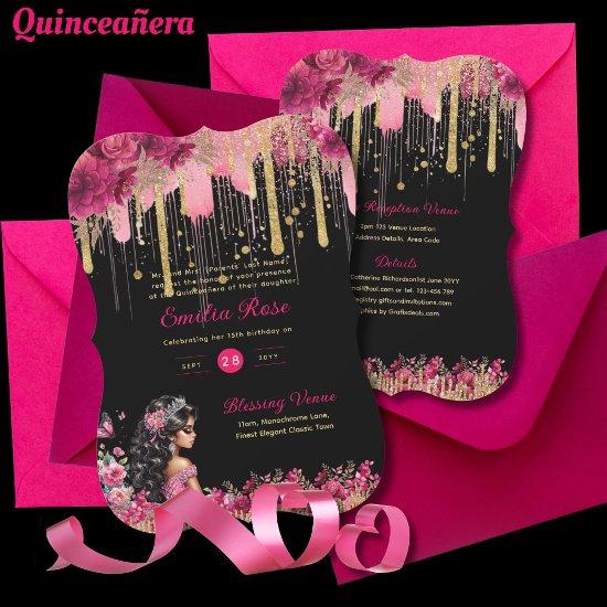 PINK Gold Sparkles Quinceanera Dress Floral Roses