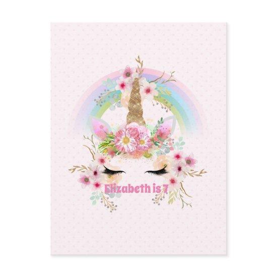 Pink Gold UNICORN Rainbow Flowers Girls NAMED Gift Postcard
