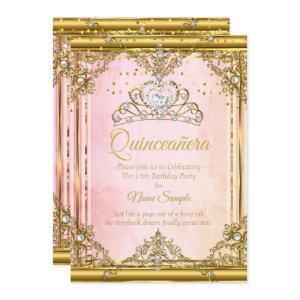 Pink Gold White Pearl Tiara Quinceanera Invite