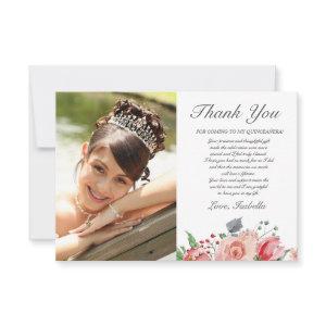 Pink & Green Elegant Floral Photo Quinceañera Thank You Card