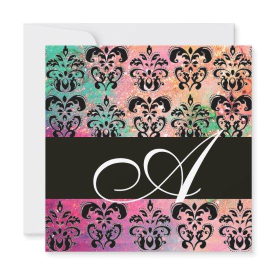 PINK GREEN FUCHSIA BLACK  DAMASK MONOGRAM , white