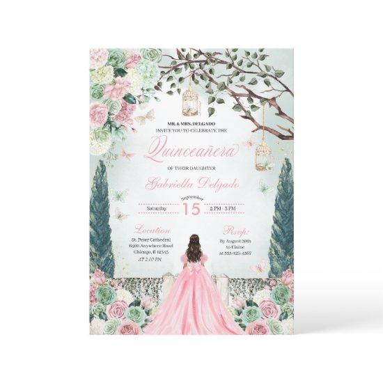 Pink Green Princess Enchanted Garden Quinceanera