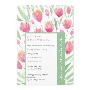 Pink Green Tulip Floral Watercolor Quinceañera
