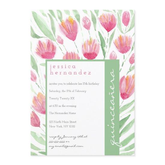 Pink Green Tulip Floral Watercolor Quinceañera