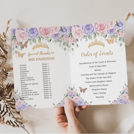 Pink Lavender Floral Quinceañera Order of Events  Program