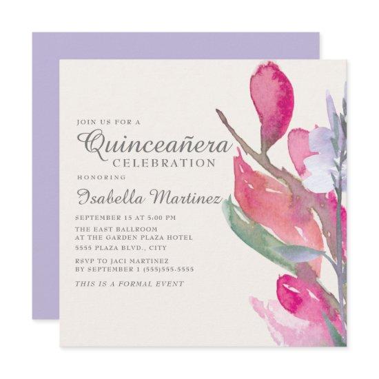 Pink Lilac Boho Watercolor Floral Quinceañera