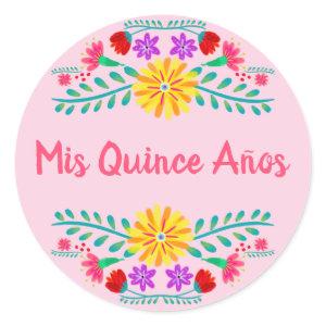 Pink Mis Quince Anos Mexican Fiesta Flowers Classic Round Sticker