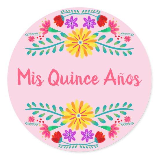 Pink Mis Quince Anos Mexican Fiesta Flowers Classic Round Sticker