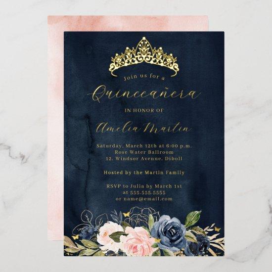 Pink Navy Blooming Floral Butterfly Quinceanera Foil