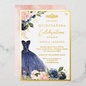Pink Navy Floral Tiara Dress Quinceanera  Foil
