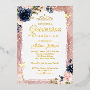 Pink Navy Quinceanera Floral Sparkle Tiara Foil Foil