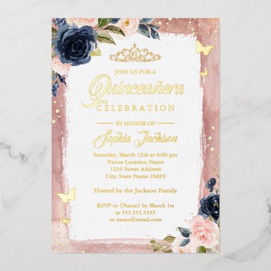 Pink Navy Quinceanera Floral Sparkle Tiara Foil Foil