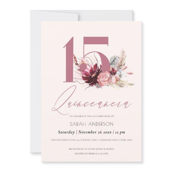 Pink Pampas Grass Quinceanera 15th Birthday Invite