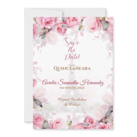 Pink Paris Floral Roses Quinceañera Save the Date