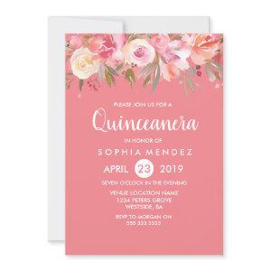 Pink Peach Coral Watercolor Quinceanera Invite