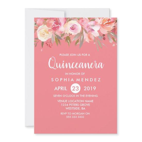 Pink Peach Coral Watercolor Quinceanera Invite