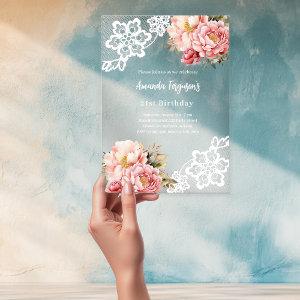 Pink peach floral lace birthday acrylic