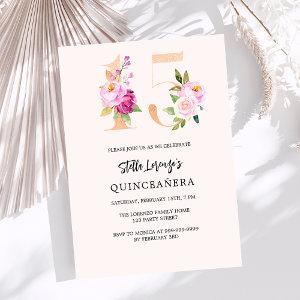 Pink peach floral numbers gold Quinceanera