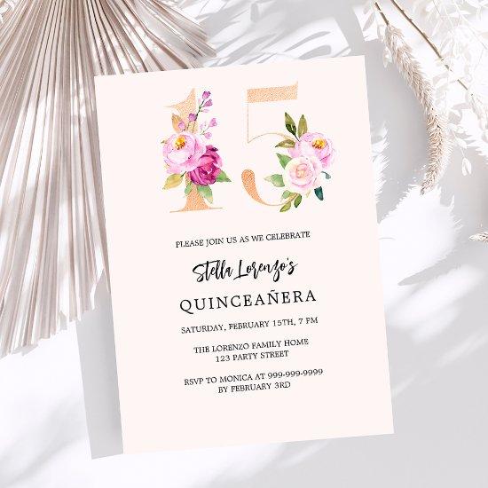 Pink peach floral numbers gold Quinceanera luxury