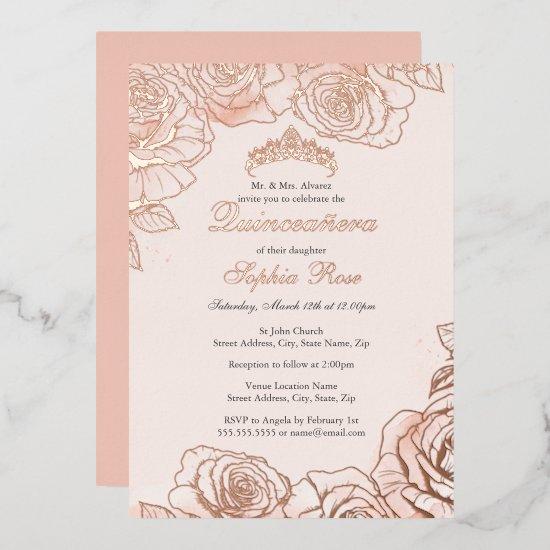 Pink Peach Floral Rose Gold Quinceanera  Foil
