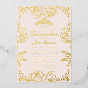 Pink peach Gold Rose Garden Quinceanera Foil
