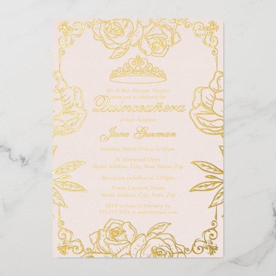 Pink peach Gold Rose Garden Quinceanera Foil