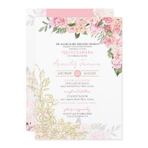 Pink Peony and Gold Floral Quinceanera Quince Anos