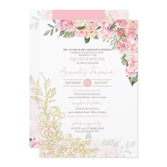 Pink Peony and Gold Floral Quinceanera Quince Anos