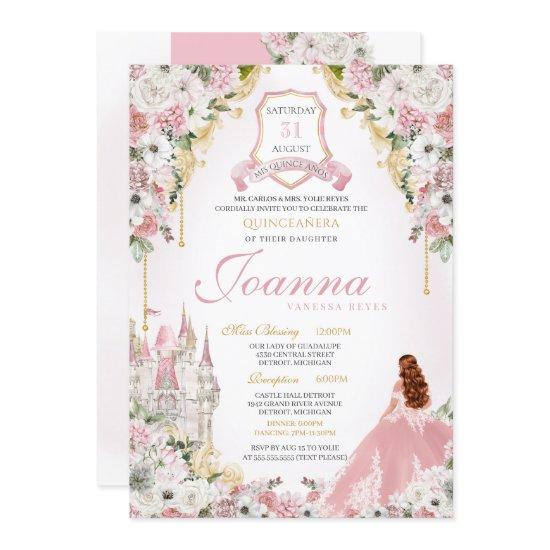 Pink Princess Blush Gold Royal Castle Quinceanera