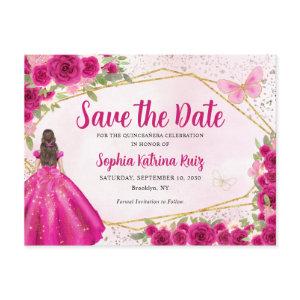Pink Princess Floral Quinceañera Save the Date Postcard