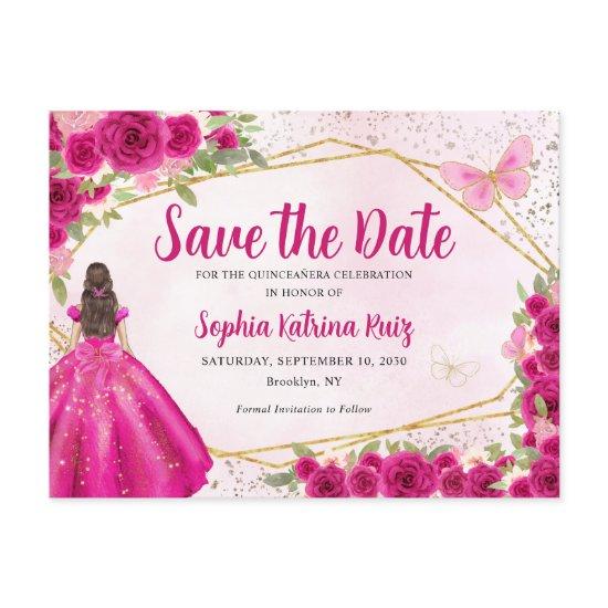 Pink Princess Floral Quinceañera Save the Date Postcard