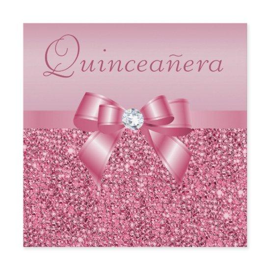 Pink Printed Sequins & Bow Quinceanera