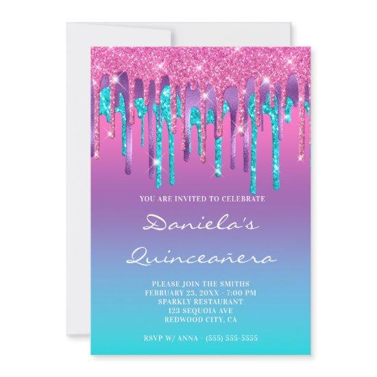 Pink Purple Aqua Teal Gradient Drip Quinceañera