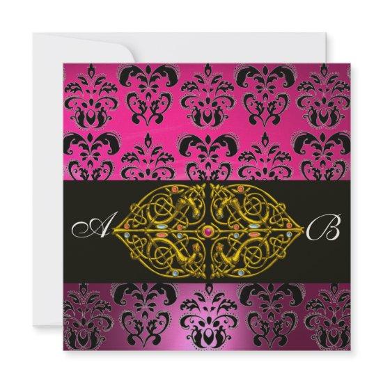 PINK PURPLE BLACK  DAMASK MONOGRAM ,fuchsia,gold