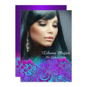 Pink Purple Blue Glitter Floral Quinceanera Invite