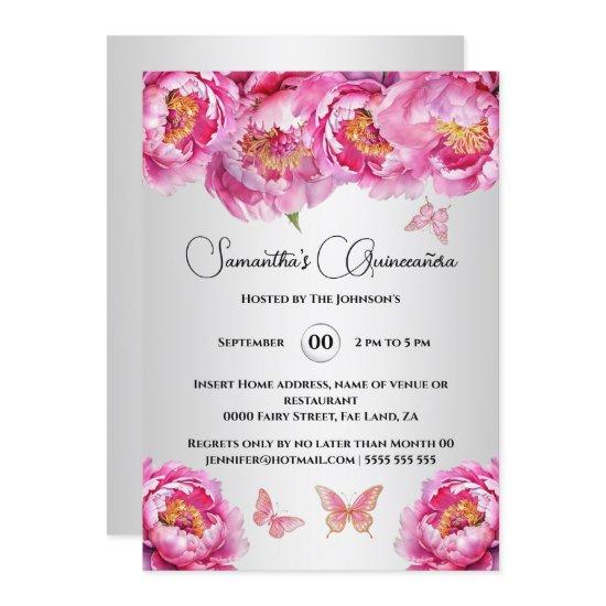 Pink Quinceañera butterfly peony floral flowers