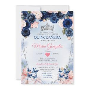 Pink Quinceañera Crown Navy Butterfly 15 Anos