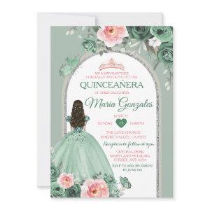 Pink Quinceañera Dusty Green Crown Butterfly